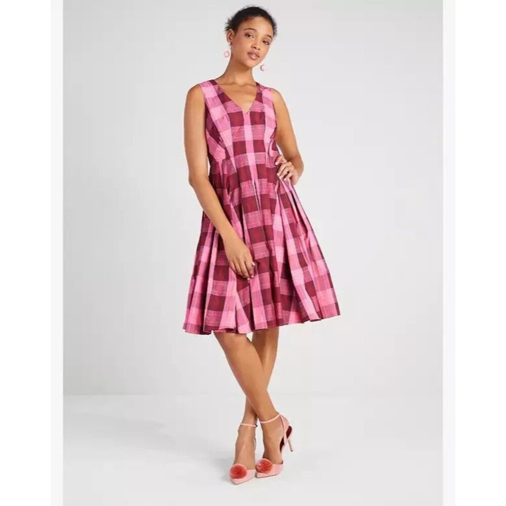 Kate Spade Sz 0 Greenhouse Plaid Taffeta Midi Dress Fit & Flare Pink Brown NWOT